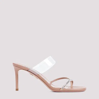 Aquazzura Movie 75 Pvc-trimmed Crystal-embellished Suede Mules In Beige
