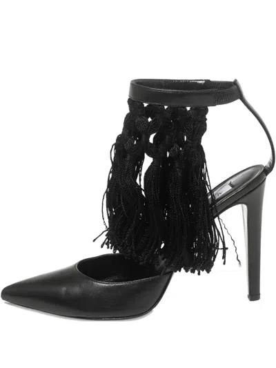Pre-owned Aquazzura  105mm Leather Fringed Pumps In Black