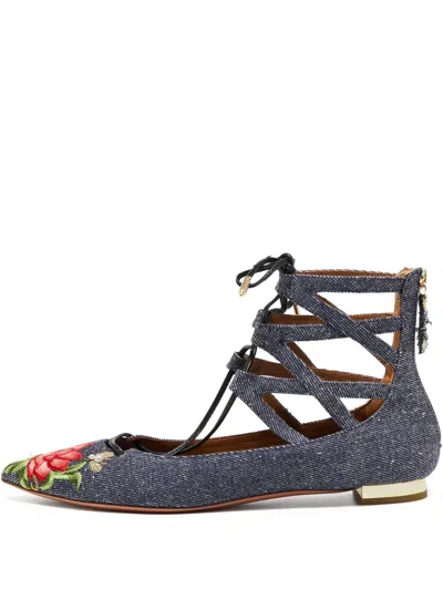 Pre-owned Aquazzura  Embroidered Denim Flat Pumps