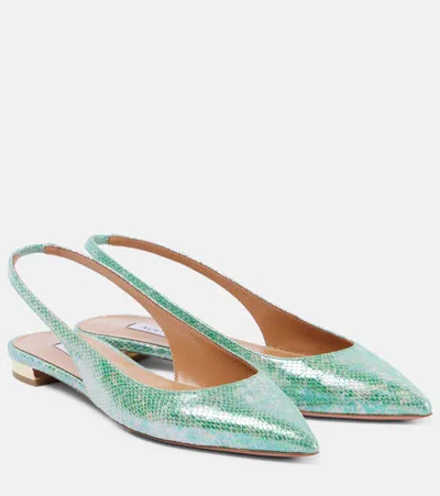 Aquazzura Purist Snake-effect Leather Slingback Flats In Green