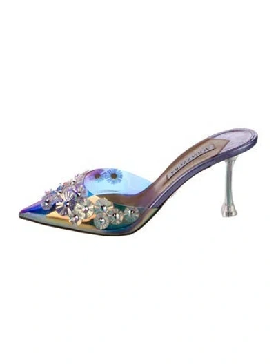 Pre-owned Aquazzura Pvc Crystal Embellishments Mules In Blue