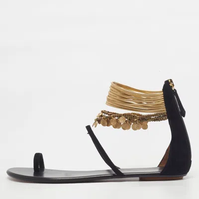 Pre-owned Aquazzura Queen Of The Desert Size 39.5 Black Leather And Suede Ankle Strap Flat Sandals