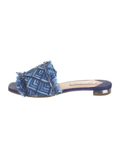 Pre-owned Aquazzura Raffia Patterned Slides In Black