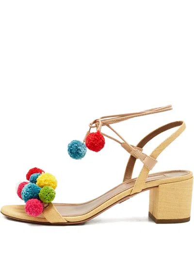 Pre-owned Aquazzura Raffia Pom-pom Sandals In Neutral