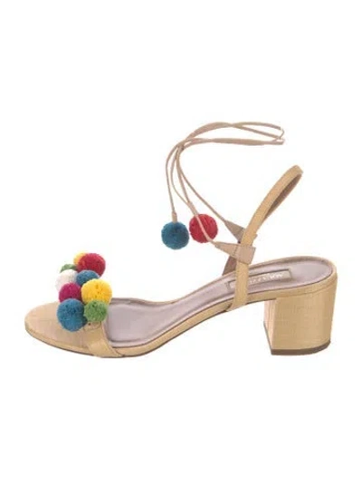 Pre-owned Aquazzura Raffia Pom-pom Embellishments Sandals In Neutral