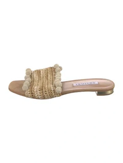 Pre-owned Aquazzura Raffia Pom-pom Embellishments Slides In Neutral