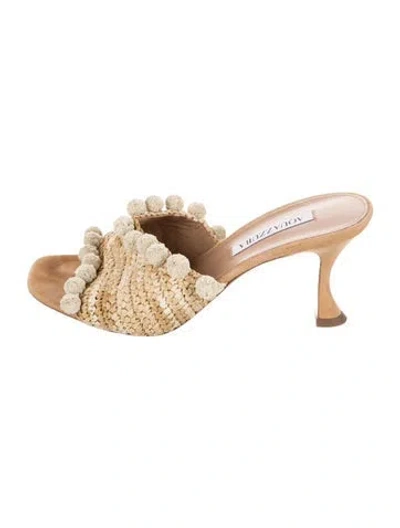 Pre-owned Aquazzura Raffia Pom-pom Embellishments Slides In Neutrals