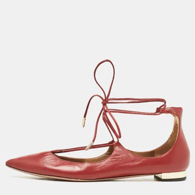 Pre-owned Aquazzura Red Leather Christy Ankle Tie Ballet Flats Size 40