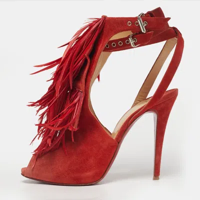Pre-owned Aquazzura Red Suede Feather Embellished Ankle Strap Pumps Size 40.5