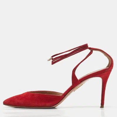 Pre-owned Aquazzura Red Suede Matilde Ankle Wrap Pumps Size 40