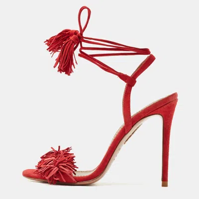 Pre-owned Aquazzura Red Suede Wild Thing Ankle Strap Sandals Size 35