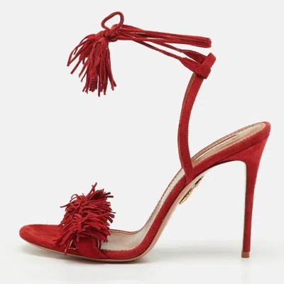 Aquazzura Red Suede Wild Thing Fringe Ankle Wrap Sandals