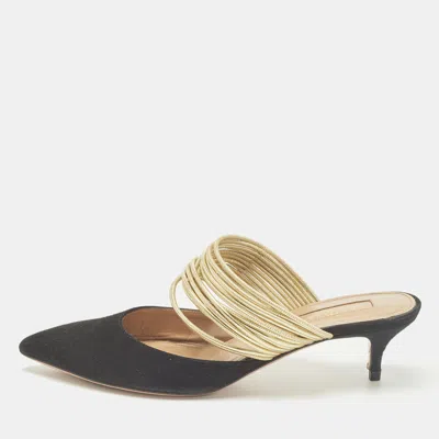 Pre-owned Aquazzura Rendez Vous Size 36.5 Black/gold Leather And Suede Mules