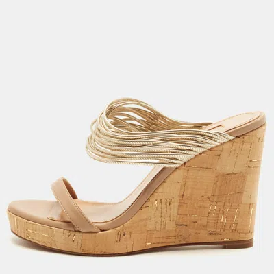Pre-owned Aquazzura Rendez Vous Size 37.5 Gold/beige Leather Wedge Sandals