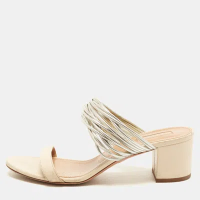 Pre-owned Aquazzura Rendez Vous Size 38 Cream/silver Leather Block Heel Slide Sandals