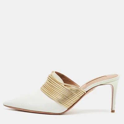 Pre-owned Aquazzura Rendez Vous Size 38 White/gold Leather Mules