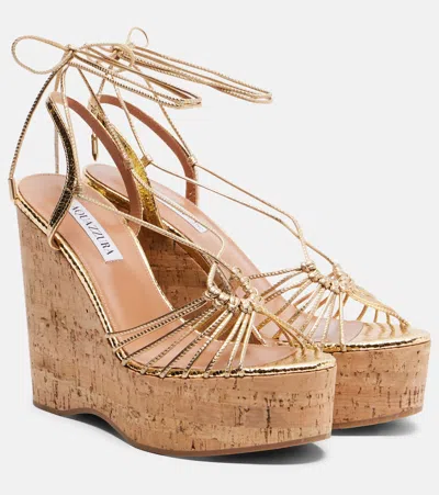 Aquazzura Ritmo Metallic Leather Wedge Sandals In Gold