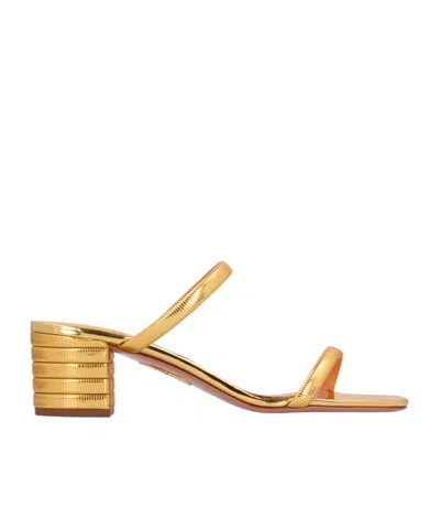 Aquazzura Riviera Chain 50 Textured Mirrored-leather Mules In Gold
