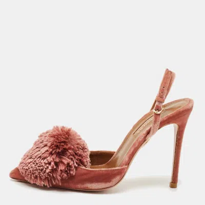 Aquazzura Rose Pink Velvet Powder Puff Pom Pom Slingback Pumps In Brown