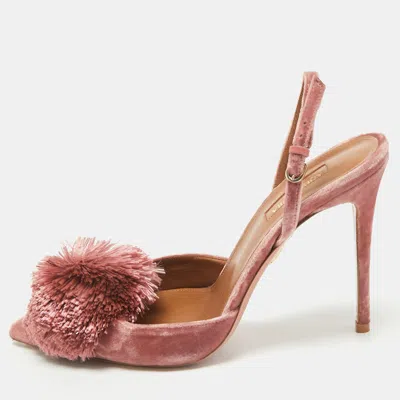 Pre-owned Aquazzura Rose Pink Velvet Powder Puff Pom Pom Slingback Pumps Size 40.5