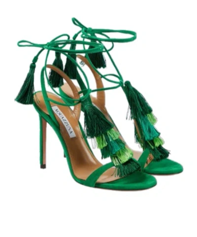 Aquazzura Capri Tassel 105 Suede Sandals In Green