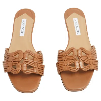 Pre-owned Aquazzura Sandales Mules Eu38.5 Braided Leather Flats Slides Tongs Uk5.5 Us8 New In Brown