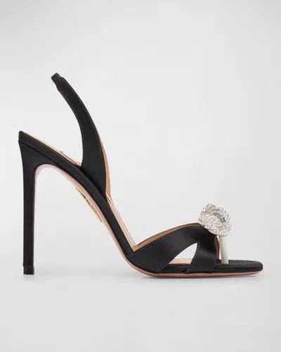 Aquazzura Satin Crystal Bow Slingback Sandals In Black