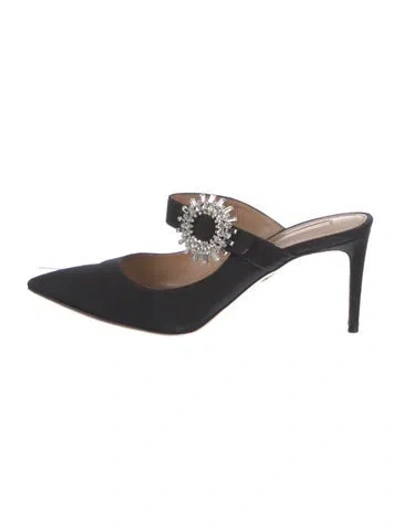Pre-owned Aquazzura Satin Crystal Embellishments Mules In Black