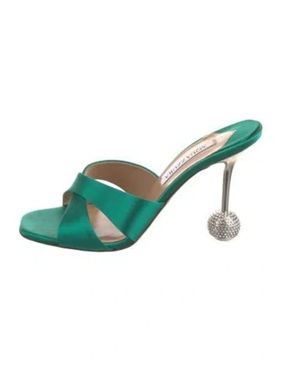 Pre-owned Aquazzura Satin Crystal Embellishments Slides In Green