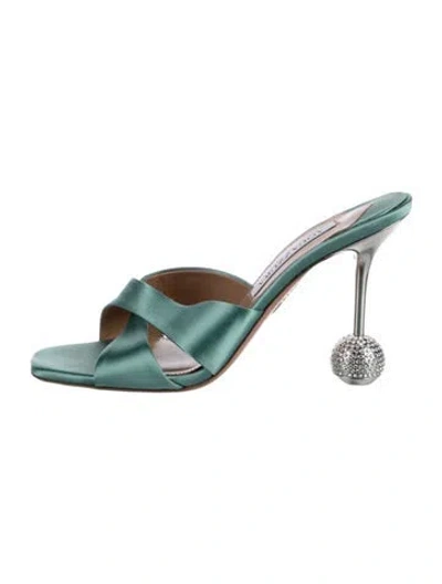 Pre-owned Aquazzura Satin Crystal Embellishments Slides In Green