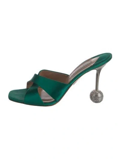 Pre-owned Aquazzura Satin Crystal Embellishments Slides In Green