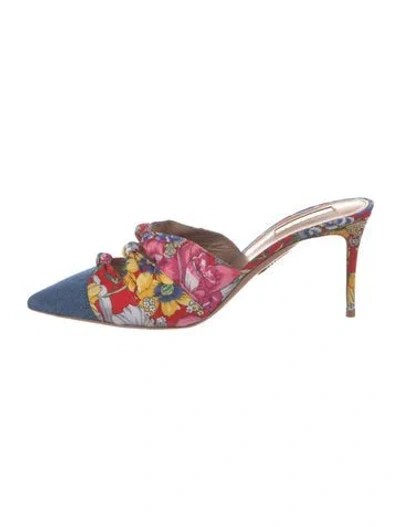 Pre-owned Aquazzura Satin Floral Print Mules In Blue