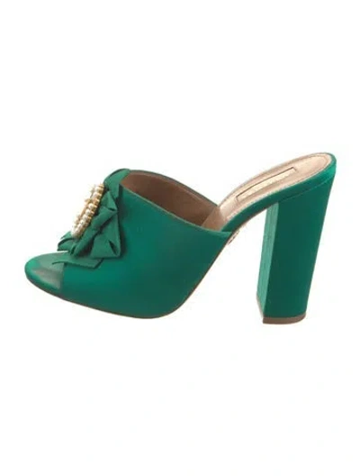 Pre-owned Aquazzura Satin Graphic Print Slides In Green