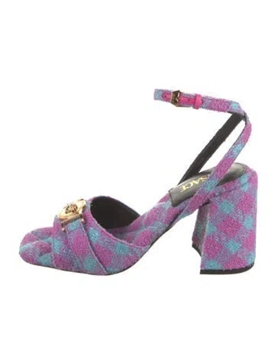 Pre-owned Aquazzura Satin Plaid Print Slingback Pumps In Black