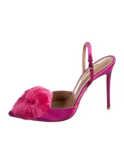 Pre-owned Aquazzura Satin Pom-pom Embellishments Slingback Pumps In Pink