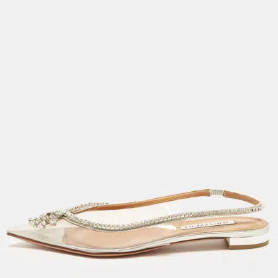 Pre-owned Aquazzura Seduction Size 37.5 Transparent/silver Patent And Pvc Crystal Embellished Slingback Ballet Flats