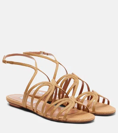 Aquazzura Serenade Raffia Flat Sandals In Neutral
