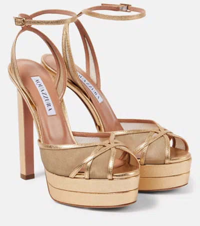 Aquazzura Shear 130 Mesh Platform Sandals In Gold