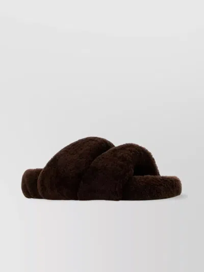Aquazzura Shearling Twist Open Toe Slippers In Brown