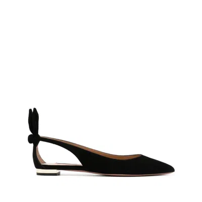 Aquazzura Back Bow Cut-out Suede Ballerina Shoes In Black