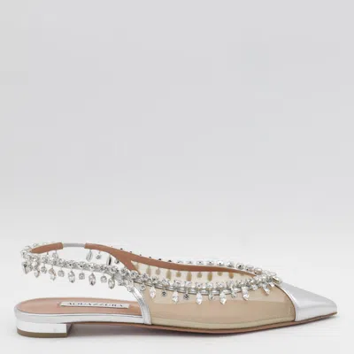 Aquazzura Embellished Pointed Toe Ballerina Shoes In Silver