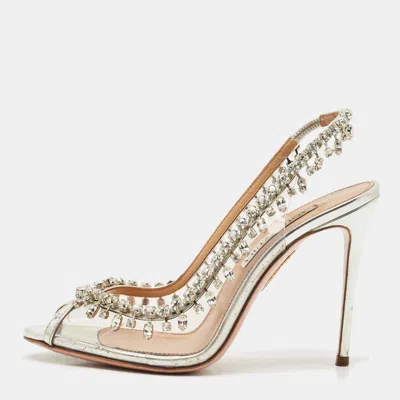 Pre-owned Aquazzura Silver Leather And Pvc Temptation Slingback Pumps Size 36.5