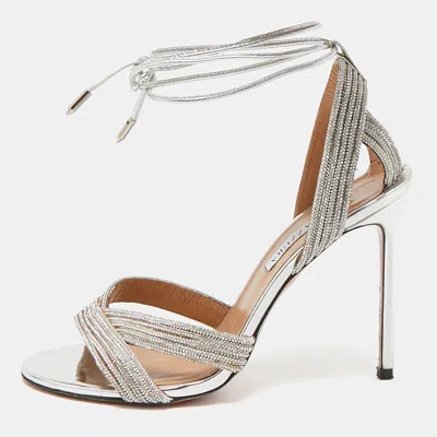 Pre-owned Aquazzura Silver Leather Crystal Embellished Ari Ankle Wrap Sandals Size 39