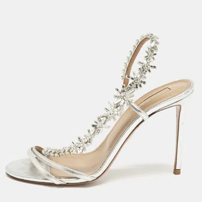 Pre-owned Aquazzura Silver Leather Crystal Embellished Chateau Slingback Sandals Size 38