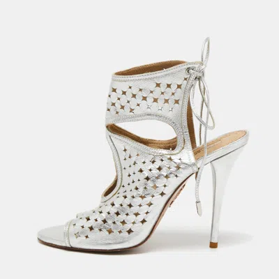 Aquazzura Silver Leather Laser Cut Sexy Thing Ankle Tie Sandals