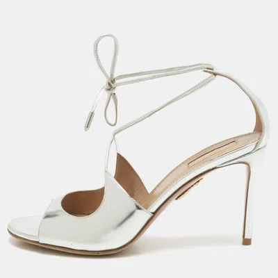 Pre-owned Aquazzura Silver Leather Sofia Ankle Wrap Sandals Size 39
