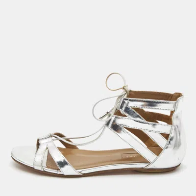 Pre-owned Aquazzura Silver Leather Strappy Flat Sandals Size 36