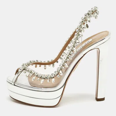 Pre-owned Aquazzura Silver Patent Leather And Pvc Temptation Crystals Slingback Platform Pumps Size 38