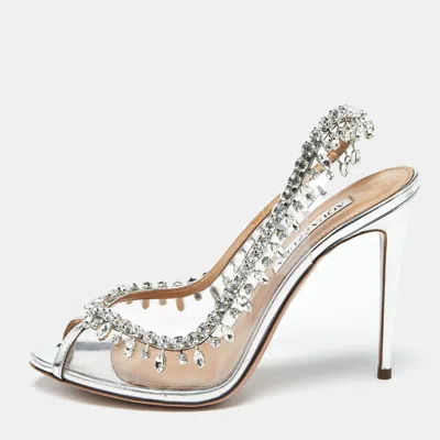 Pre-owned Aquazzura Silver Pvc And Leather Temptation Peep Toe Pumps Size 38.5