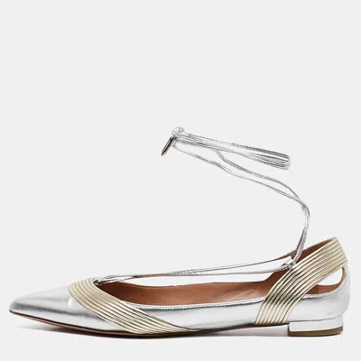 Pre-owned Aquazzura Silver/gold Leather Ankle Wrap Ballet Flats Size 36